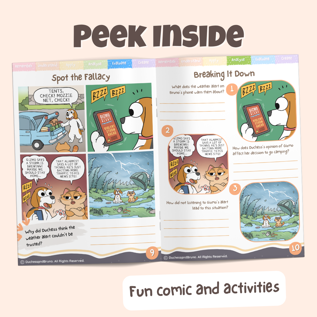 Peek inside the Genetic logical fallacy pack showing the Spot the Fallacy comic and Breaking It Down activity pages with fun comics and activities