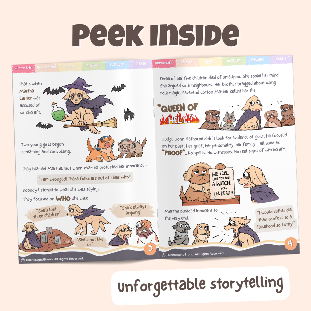 Peek inside the Genetic logical fallacy pack showing illustrated historical storytelling pages about how Martha Carrier was accused of witchcraft in Salem Massachusetts because of her reputation