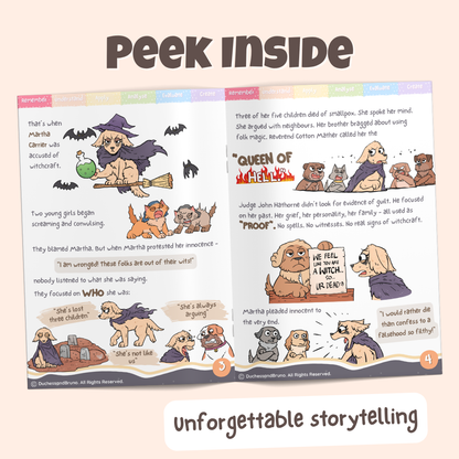Peek inside the Genetic logical fallacy pack showing illustrated historical storytelling pages about how Martha Carrier was accused of witchcraft in Salem Massachusetts because of her reputation