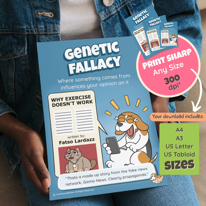 Someone holding the printed Genetic Fallacy poster, with a note that the download includes A4, A3, US Letter and US Tabloid sizes at 300 dpi