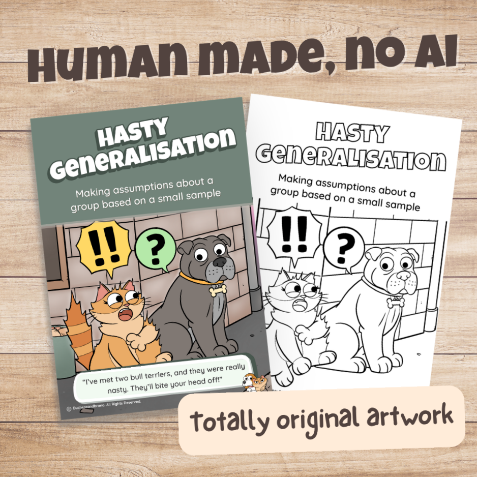 Hasty Generalisation poster in colour and black and white, hand-drawn original artwork made without AI