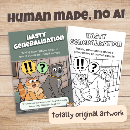 Hasty Generalisation poster in colour and black and white, hand-drawn original artwork made without AI