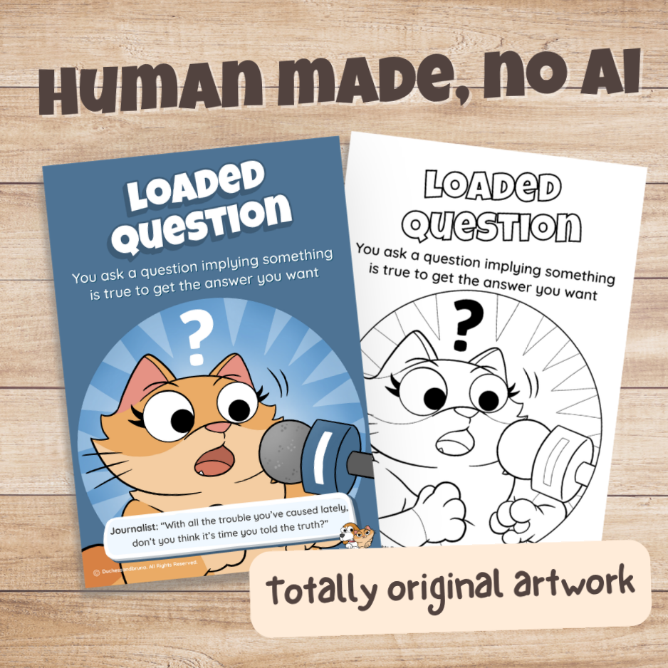 Loaded Question poster in colour and black and white, hand-drawn original artwork made without AI