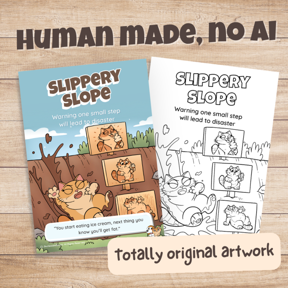 Slippery Slope poster in colour and black and white, hand-drawn original artwork made without AI