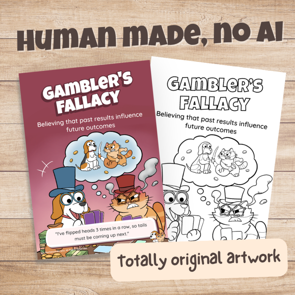 Gambler's Fallacy poster in colour and black and white, hand-drawn original artwork made without AI