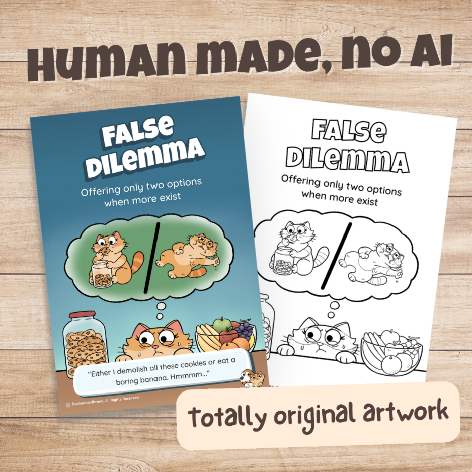 False Dilemma poster in colour and black and white, hand-drawn original artwork made without AI