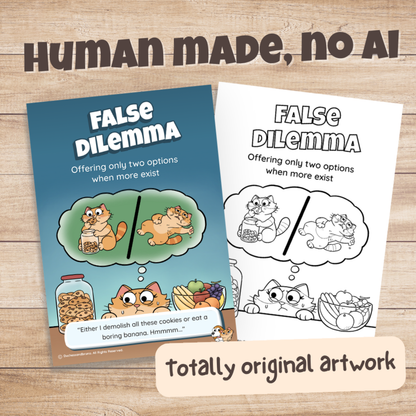 False Dilemma poster in colour and black and white, hand-drawn original artwork made without AI