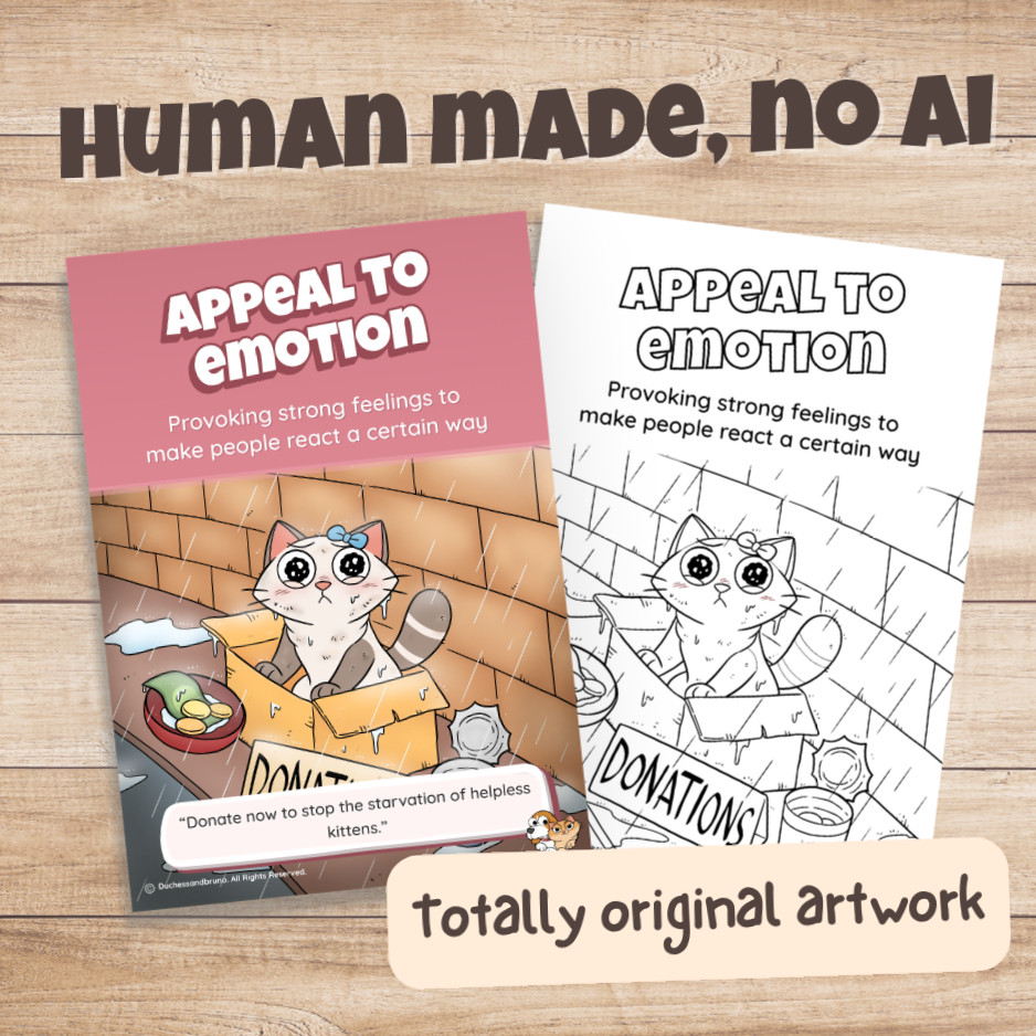 Appeal to Emotion poster in colour and black and white, hand-drawn original artwork made without AI
