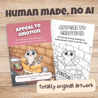 Appeal to Emotion poster in colour and black and white, hand-drawn original artwork made without AI