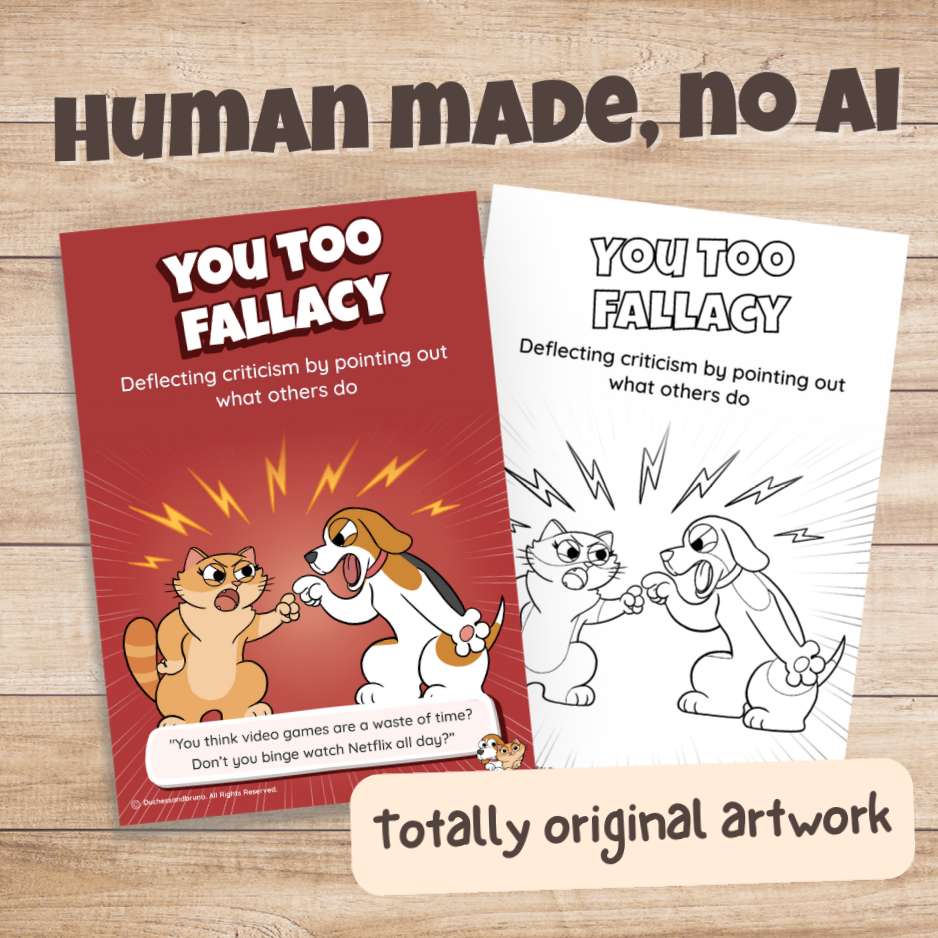 You Too Fallacy poster in colour and black and white, hand-drawn original artwork made without AI