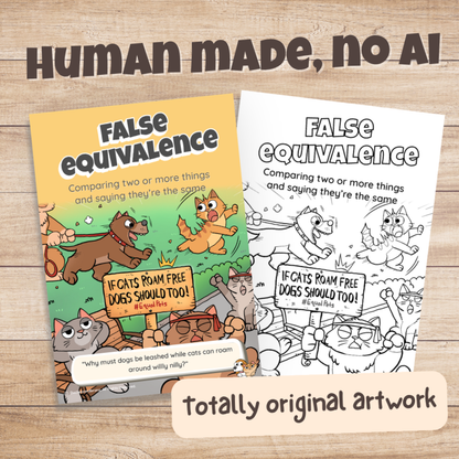 False Equivalence poster in colour and black and white, hand-drawn original artwork made without AI