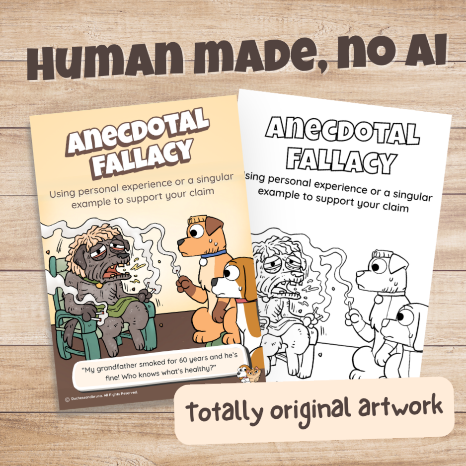 Anecdotal Fallacy poster in colour and black and white, hand-drawn original artwork made without AI