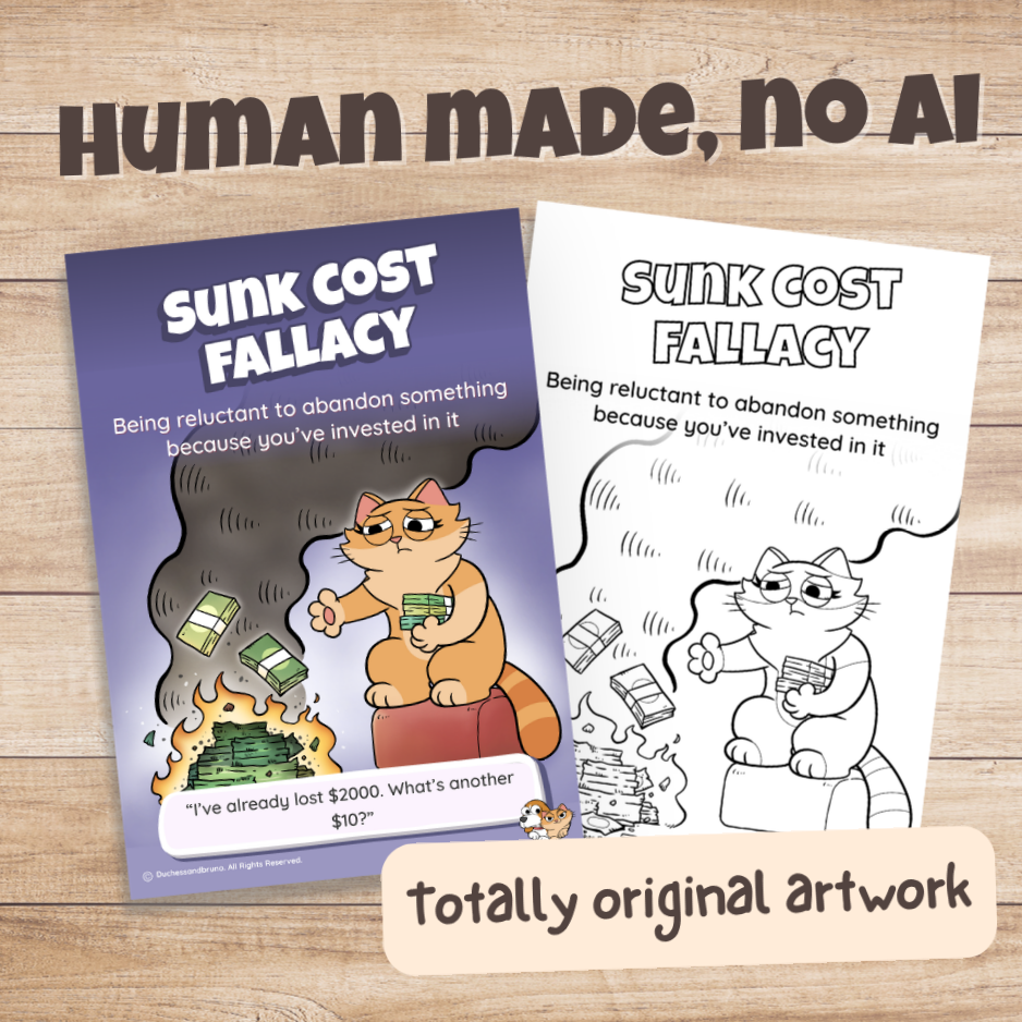 Sunk Cost poster in colour and black and white, hand-drawn original artwork made without AI
