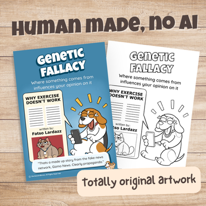 Genetic Fallacy poster in colour and black and white, hand-drawn original artwork made without AI
