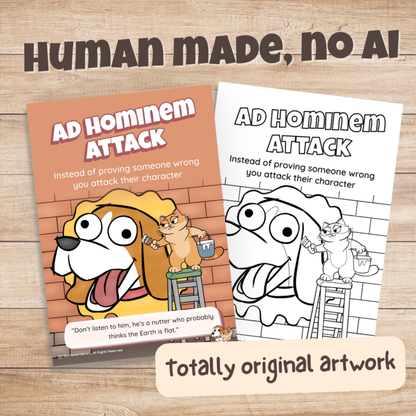 Ad Hominem Attack poster in colour and black and white, hand-drawn original artwork made without AI