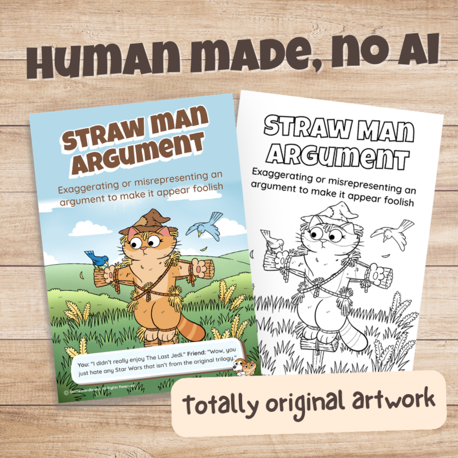 Straw Man Argument poster in colour and black and white, hand-drawn original artwork made without AI