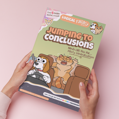 Hand holding a printed copy of the Hasty Generalisation activity pack showing the cover and print quality