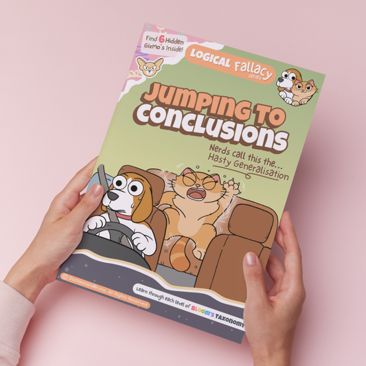 Hand holding a printed copy of the Hasty Generalisation activity pack showing the cover and print quality