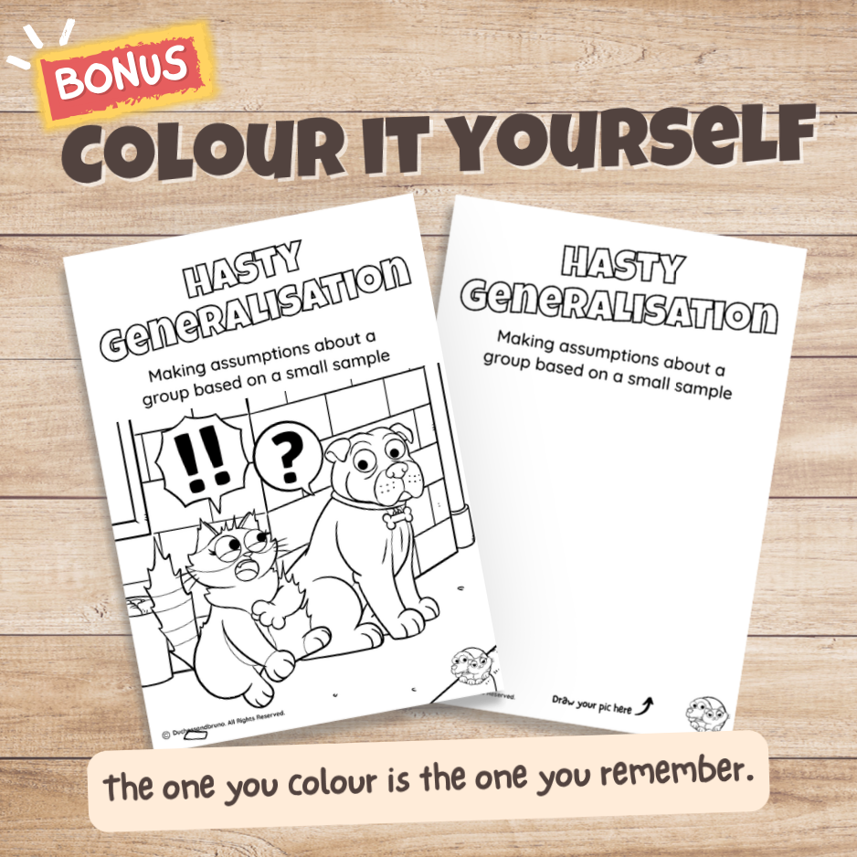 Hasty Generalisation fallacy poster bonus colouring page, the same illustration in black and white for students to colour in