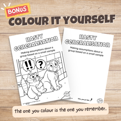 Hasty Generalisation fallacy poster bonus colouring page, the same illustration in black and white for students to colour in