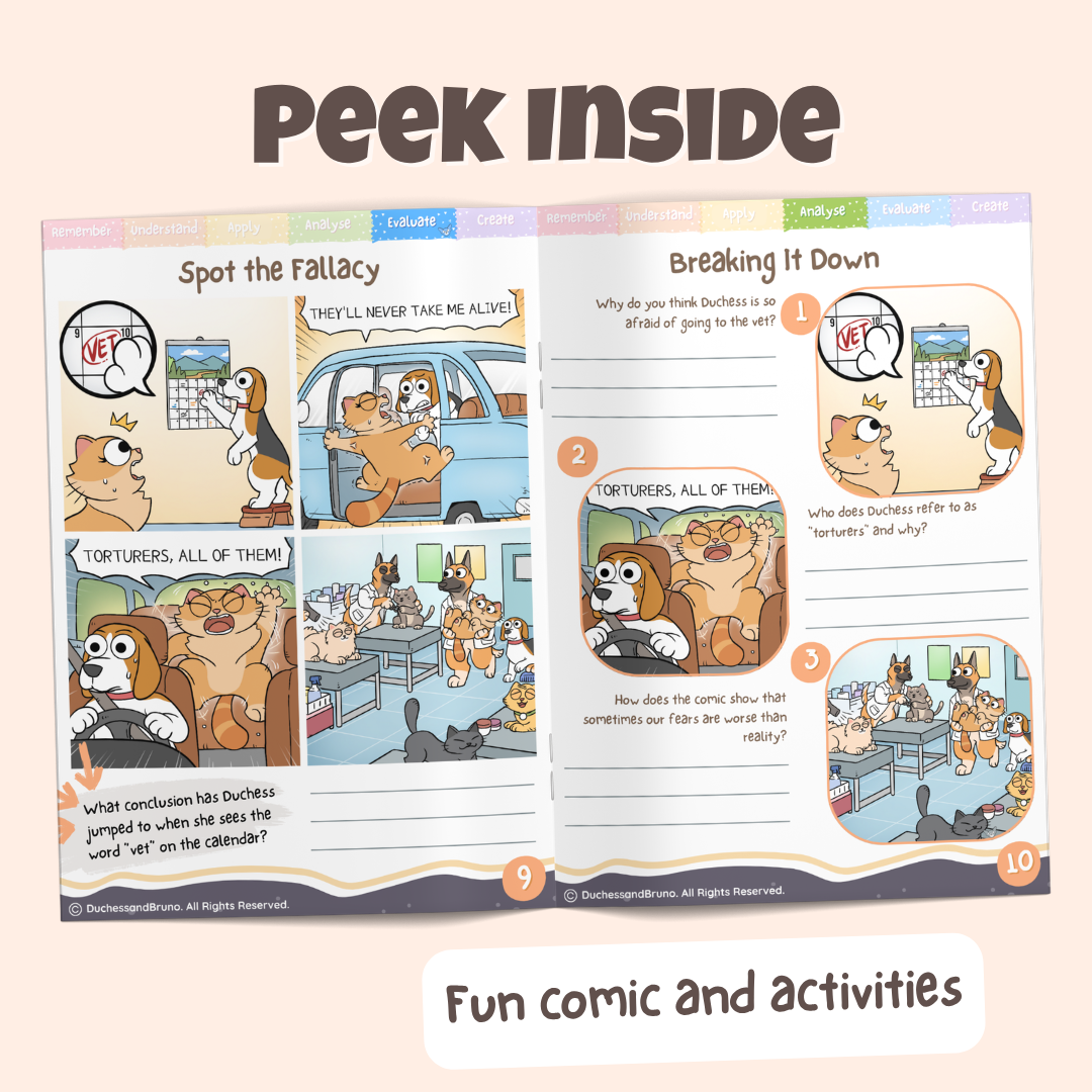 Peek inside the Hasty Generalisation pack showing the Spot the Fallacy comic and Breaking It Down activity pages with fun comics and activities
