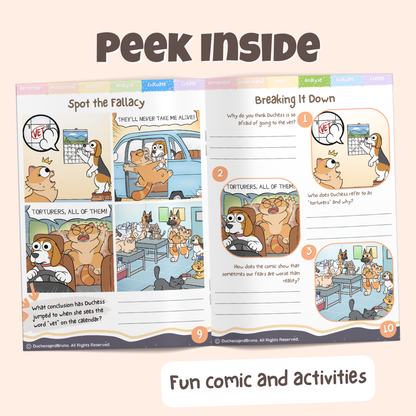 Peek inside the Hasty Generalisation pack showing the Spot the Fallacy comic and Breaking It Down activity pages with fun comics and activities
