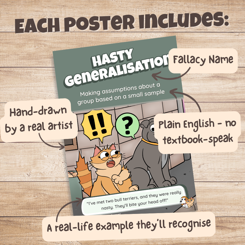 Hasty Generalisation poster with labels pointing out the fallacy name, plain English definition, hand-drawn artwork and real-life example