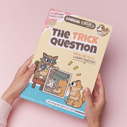 Hand holding a printed copy of the Loaded Question logical fallacy activity pack showing the cover and print quality