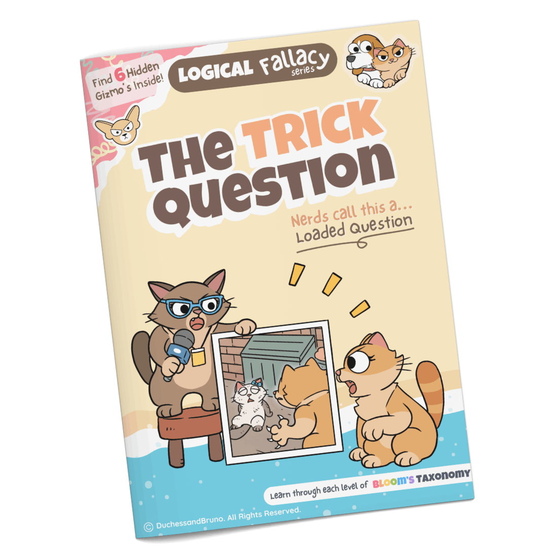 Loaded question logical fallacy activity pack cover showing cartoon cat characters with the tagline The Trick Question, professionally printed booklet