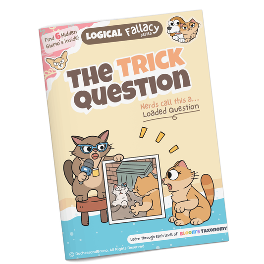 Loaded question logical fallacy activity pack cover showing cartoon cat characters with the tagline The Trick Question, professionally printed booklet