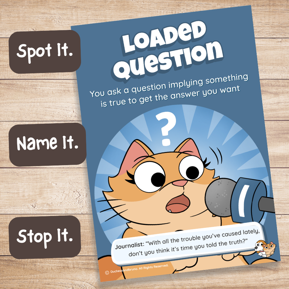 Printed Loaded Question fallacy poster on a wooden desk with Spot It, Name It, Stop It labels
