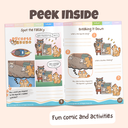 Peek inside the Loaded question pack showing the Spot the Fallacy comic and Breaking It Down activity pages with fun comics and activities
