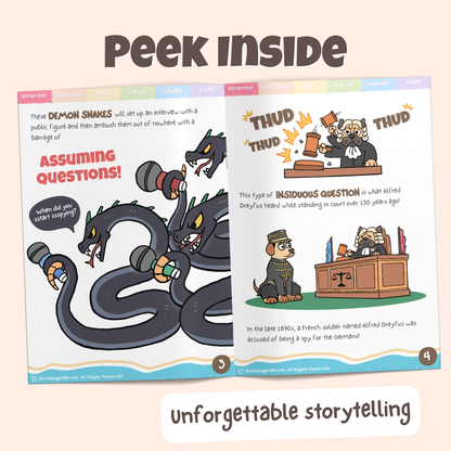 Peek inside the Loaded question logical fallacy pack showing illustrated historical storytelling pages about the French government accusing Alfred Dreyfus of treason