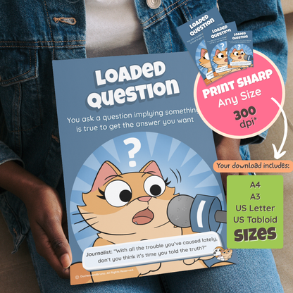 Someone holding the printed Loaded Question poster, with a note that the download includes A4, A3, US Letter and US Tabloid sizes at 300 dpi