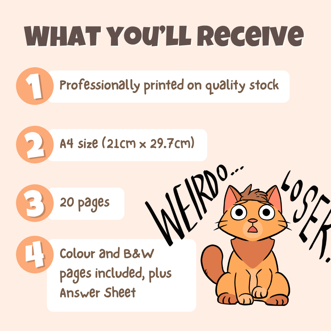 What you'll receive showing professionally printed activity pack on quality stock in A4 size with 20 pages including colour and black and white pages plus answer sheet
