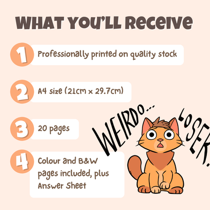 What you'll receive showing professionally printed activity pack on quality stock in A4 size with 20 pages including colour and black and white pages plus answer sheet
