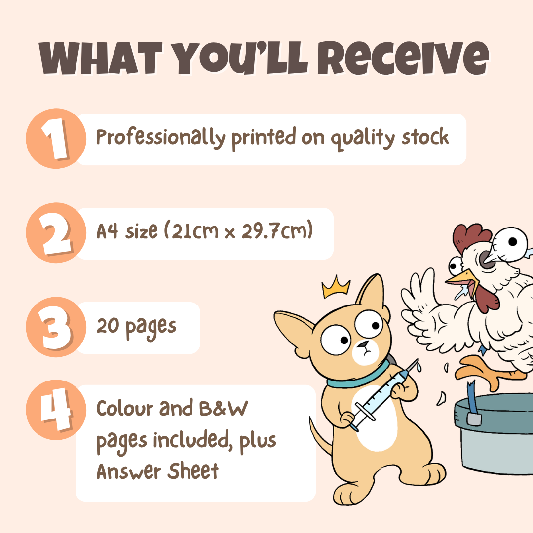What you'll receive showing professionally printed activity pack on quality stock in A4 size with 20 pages including colour and black and white pages plus answer sheet
