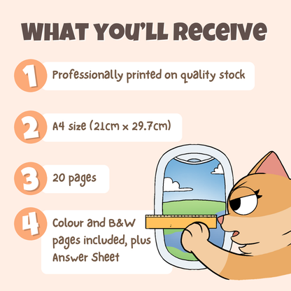 What you'll receive showing professionally printed activity pack on quality stock in A4 size with 20 pages including colour and black and white pages plus answer sheet