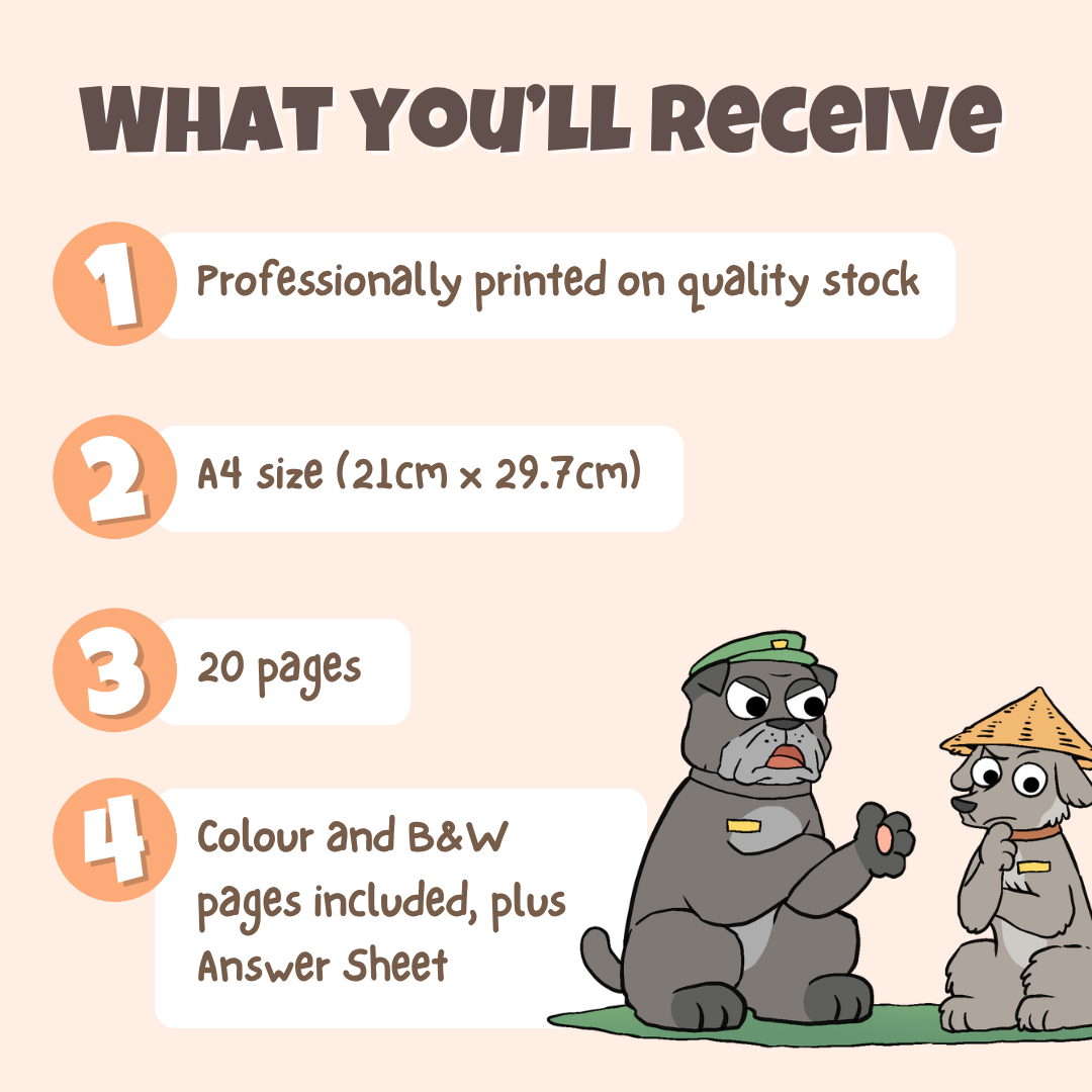 What you'll receive showing professionally printed activity pack on quality stock in A4 size with 20 pages including colour and black and white pages plus answer sheet