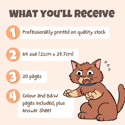What you'll receive showing professionally printed activity pack on quality stock in A4 size with 20 pages including colour and black and white pages plus answer sheet