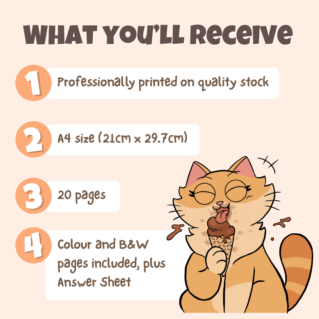What you'll receive showing professionally printed activity pack on quality stock in A4 size with 20 pages including colour and black and white pages plus answer sheet