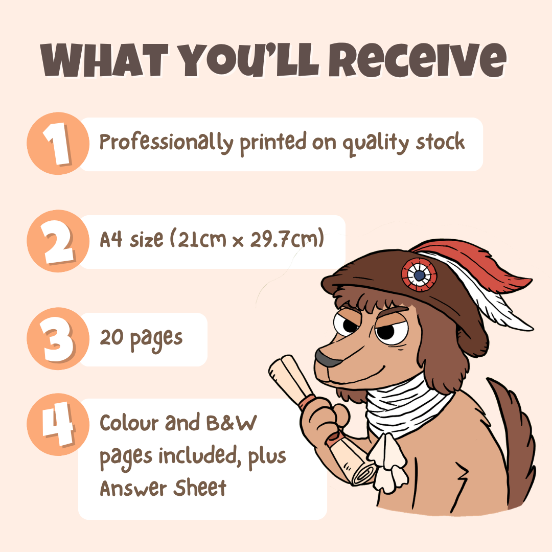 What you'll receive showing professionally printed activity pack on quality stock in A4 size with 20 pages including colour and black and white pages plus answer sheet
