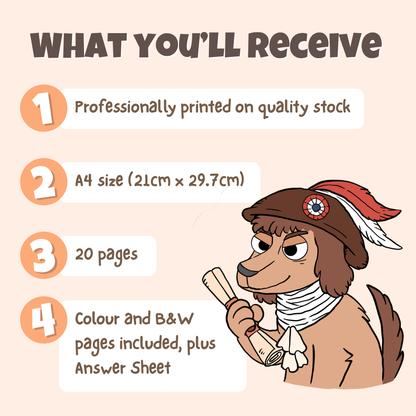 What you'll receive showing professionally printed activity pack on quality stock in A4 size with 20 pages including colour and black and white pages plus answer sheet
