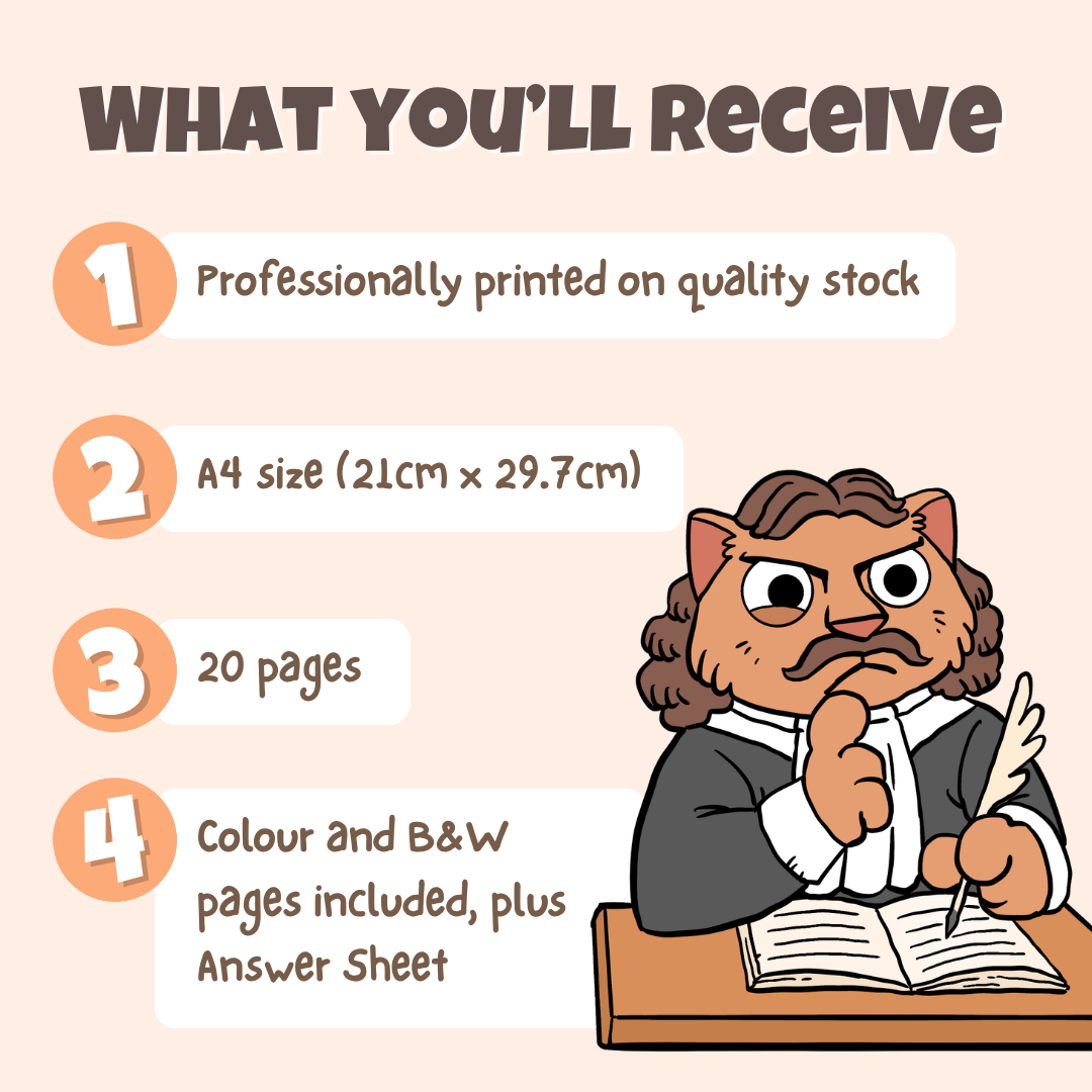 What you'll receive showing professionally printed activity pack on quality stock in A4 size with 20 pages including colour and black and white pages plus answer sheet