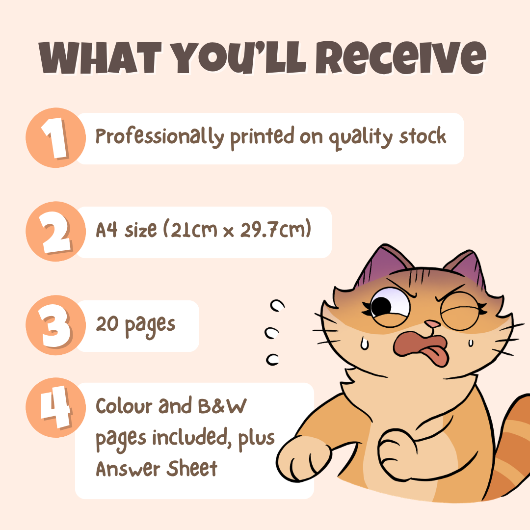 What you'll receive showing professionally printed activity pack on quality stock in A4 size with 20 pages including colour and black and white pages plus answer sheet
