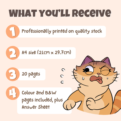 What you'll receive showing professionally printed activity pack on quality stock in A4 size with 20 pages including colour and black and white pages plus answer sheet
