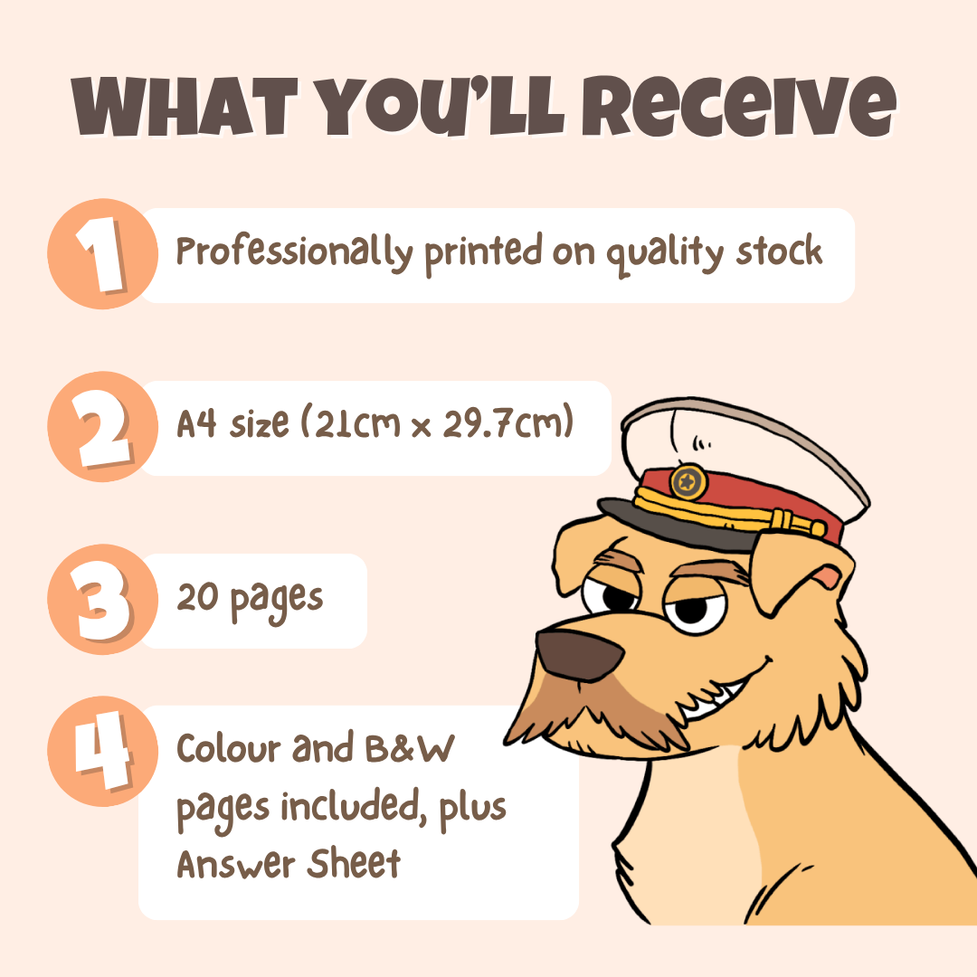 What you'll receive showing professionally printed activity pack on quality stock in A4 size with 20 pages including colour and black and white pages plus answer sheet
