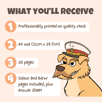 What you'll receive showing professionally printed activity pack on quality stock in A4 size with 20 pages including colour and black and white pages plus answer sheet
