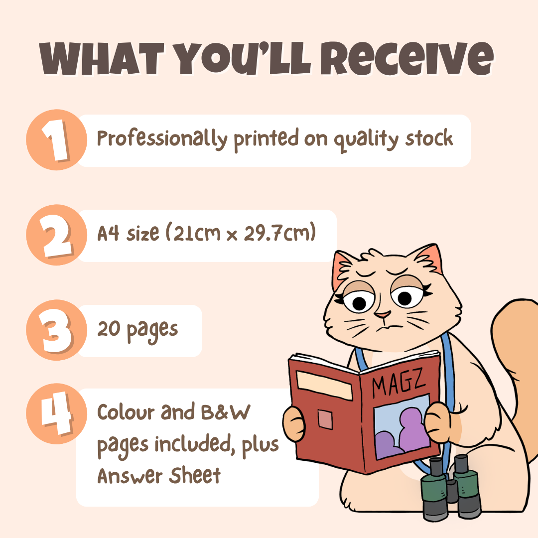 What you'll receive showing professionally printed activity pack on quality stock in A4 size with 20 pages including colour and black and white pages plus answer sheet
