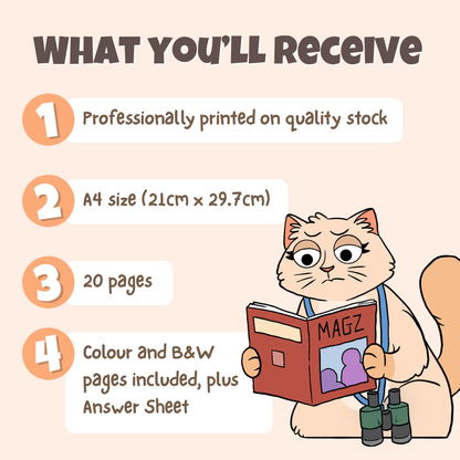 What you'll receive showing professionally printed activity pack on quality stock in A4 size with 20 pages including colour and black and white pages plus answer sheet
